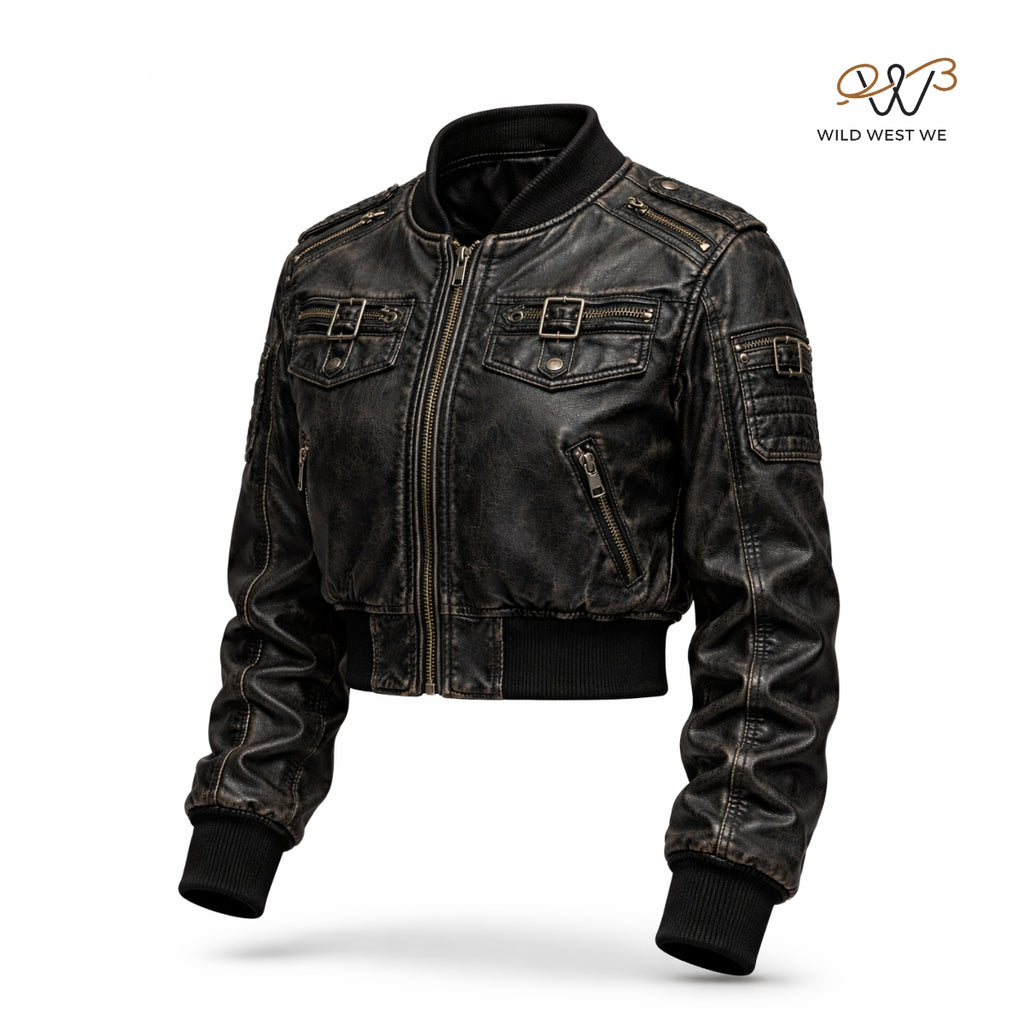 Women’s Black Cropped Biker Leather Jacket