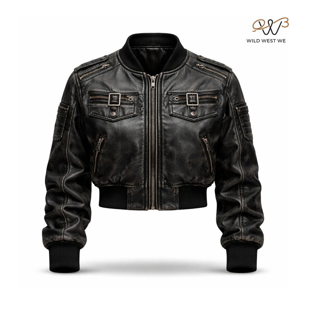 Women’s Black Cropped Biker Leather Jacket