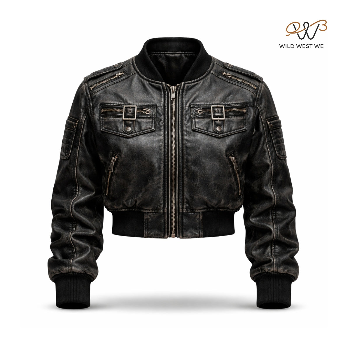 Women’s Black Cropped Biker Leather Jacket