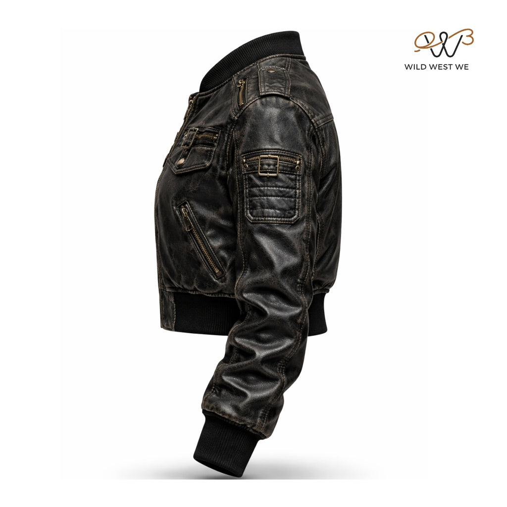 Women’s Black Cropped Biker Leather Jacket