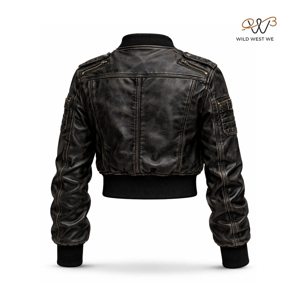 Women’s Black Cropped Biker Leather Jacket