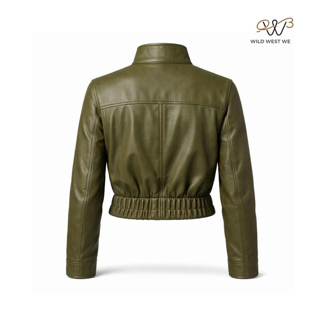 Women’s Olive Green Cropped Leather Jacket