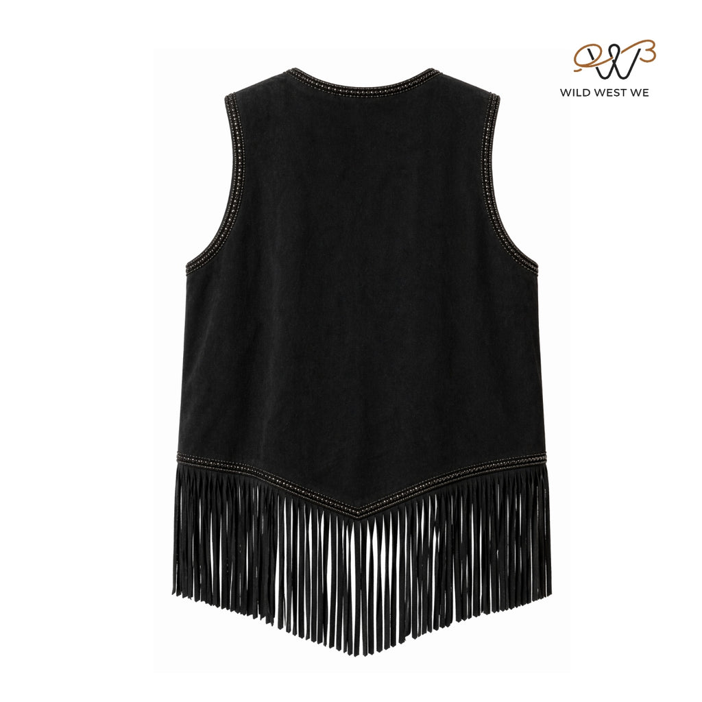 Men’s Black Leather Fringe Vest with Beaded Detailing