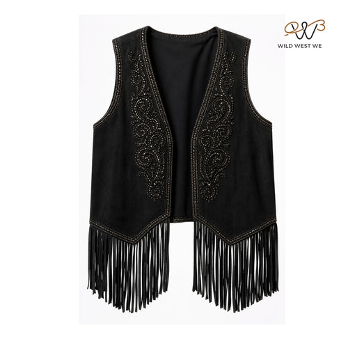 Men’s Black Leather Fringe Vest with Beaded Detailing