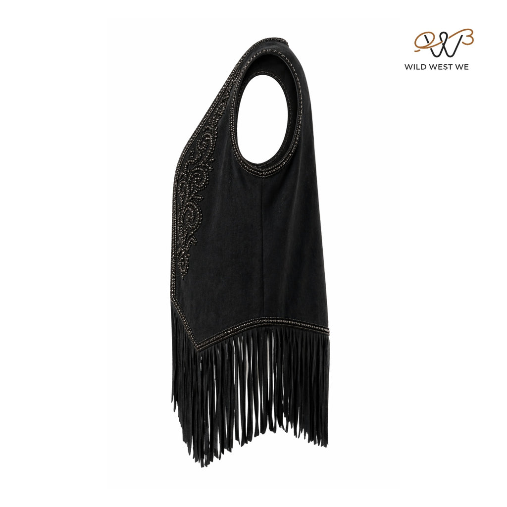 Men’s Black Leather Fringe Vest with Beaded Detailing