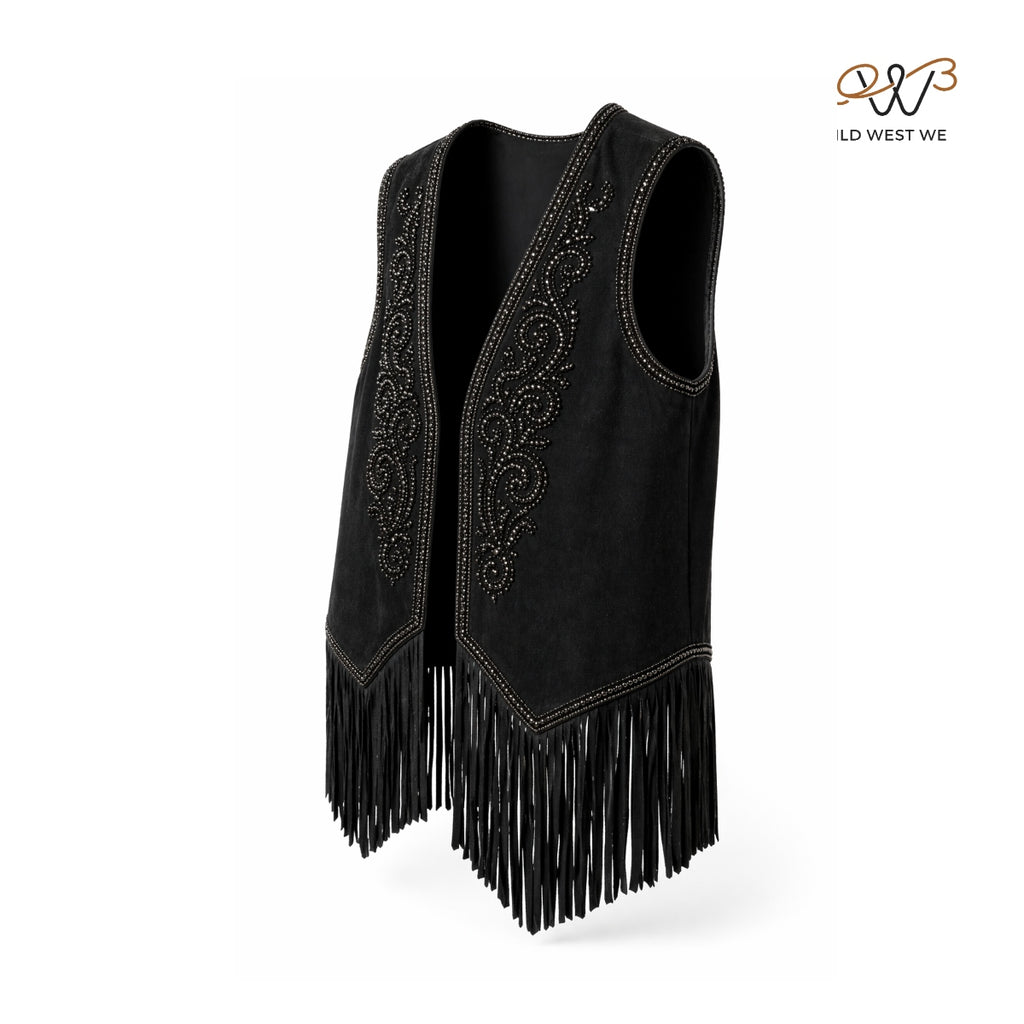 Men’s Black Leather Fringe Vest with Beaded Detailing