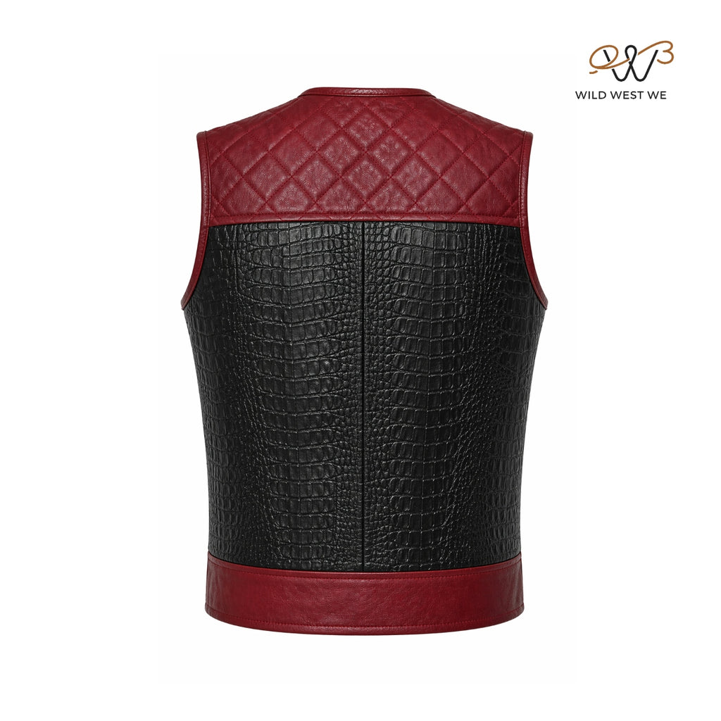 Men’s Black Croc Texture Leather Vest with Red Quilted Yoke
