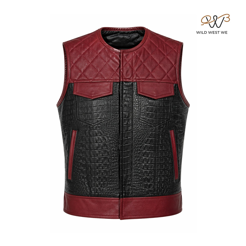 Men’s Black Croc Texture Leather Vest with Red Quilted Yoke