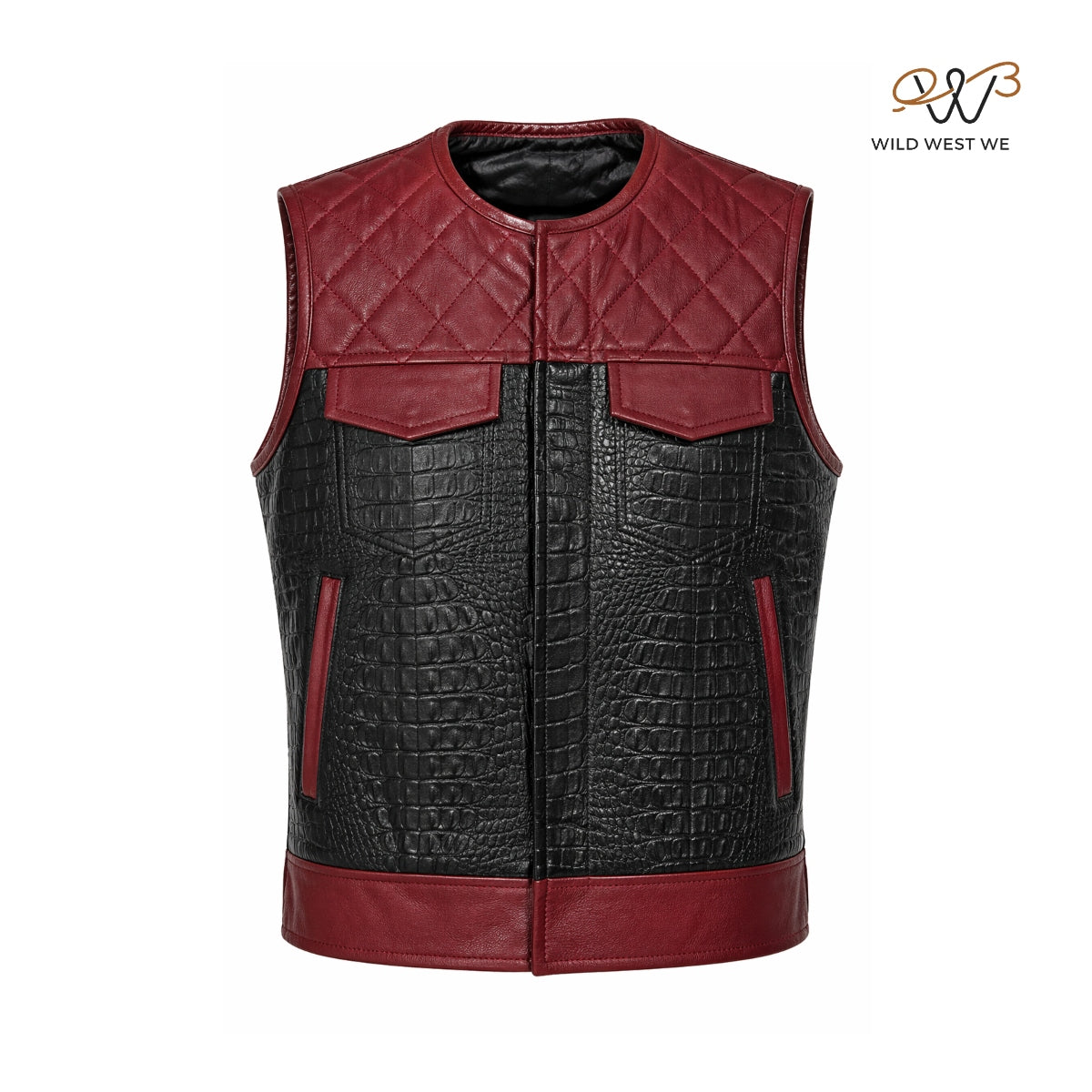 Men’s Black Croc Texture Leather Vest with Red Quilted Yoke