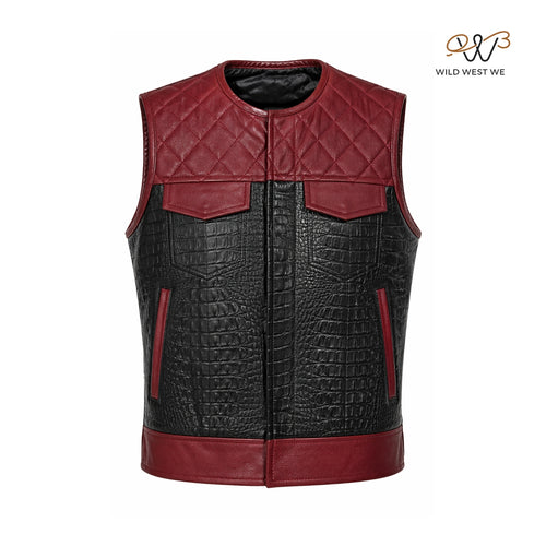 Men’s Black Croc Texture Leather Vest with Red Quilted Yoke