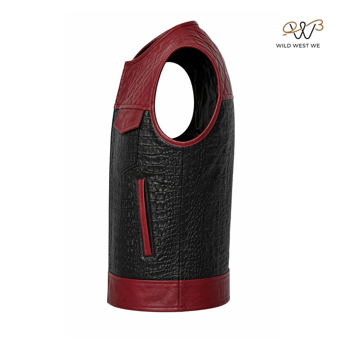 Men’s Black Croc Texture Leather Vest with Red Quilted Yoke