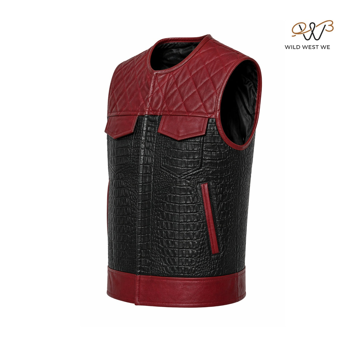 Men’s Black Croc Texture Leather Vest with Red Quilted Yoke