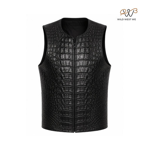 Men’s Black Crocodile Embossed Leather Vest