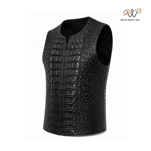 Men’s Black Crocodile Embossed Leather Vest