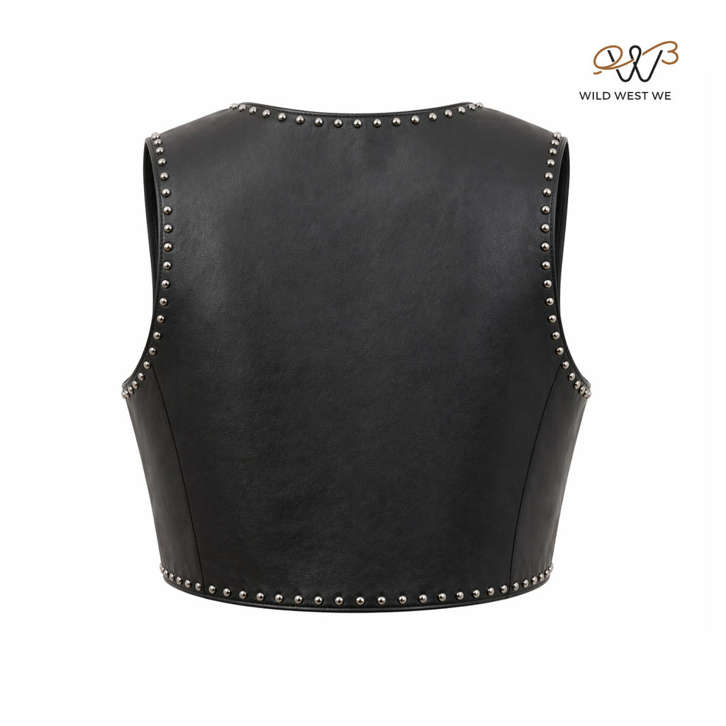 Women’s Black Cropped Studded Leather Vest