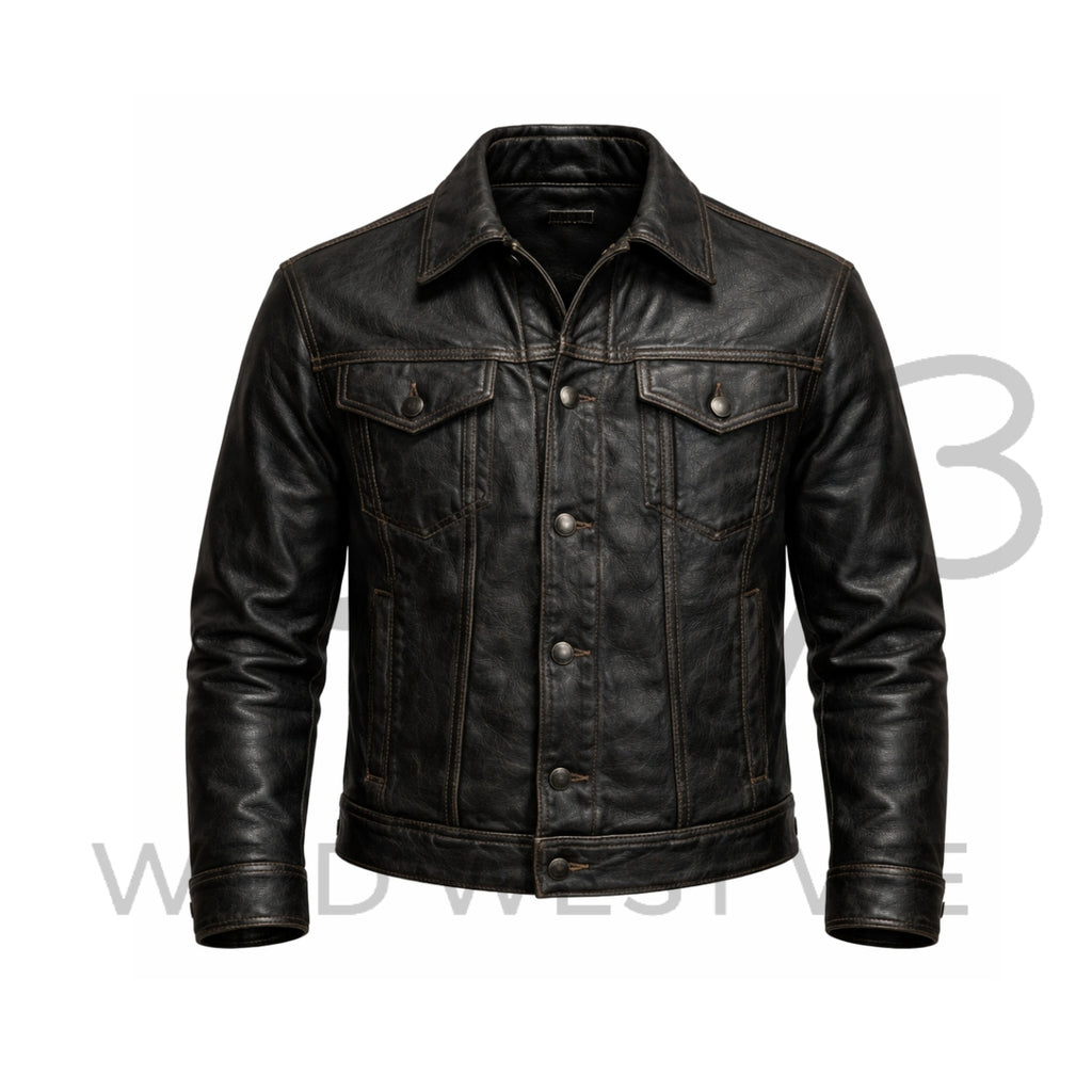 Men’s Black Distressed Western Leather Jacket