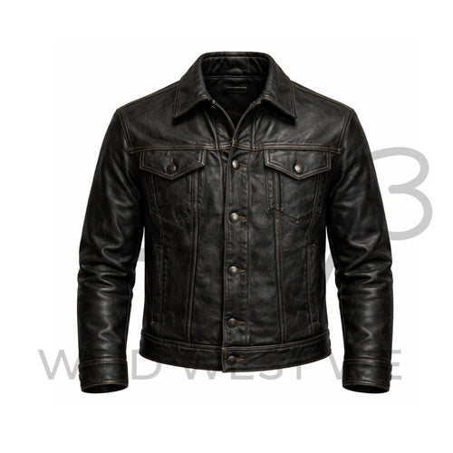 Men’s Black Distressed Western Leather Jacket