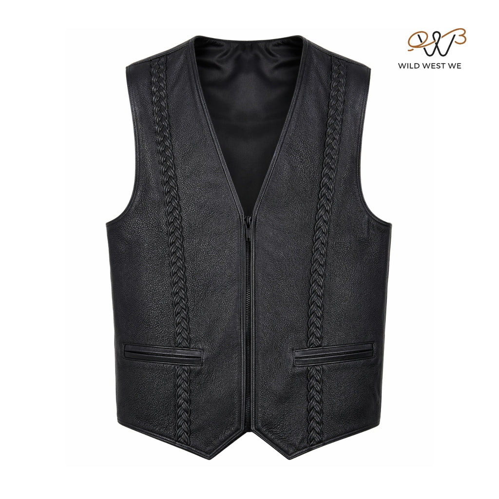Men’s Black Leather Vest with Braided Panels