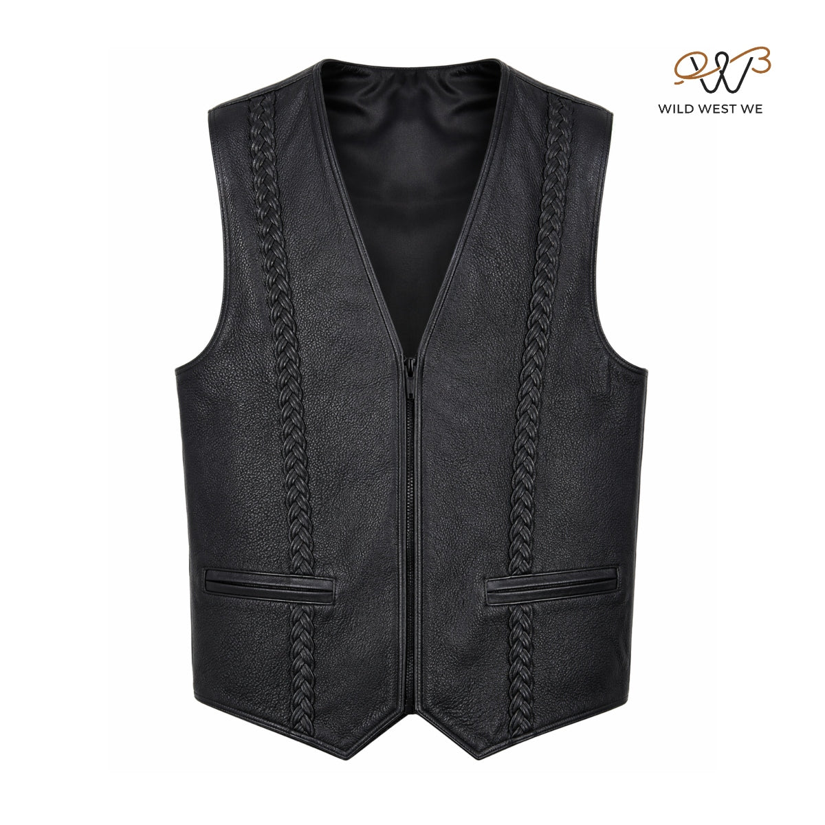 Men’s Black Leather Vest with Braided Panels