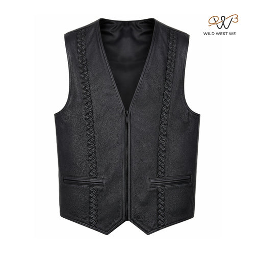 Men’s Black Leather Vest with Braided Panels