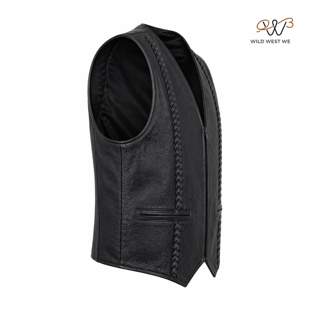 Men’s Black Leather Vest with Braided Panels