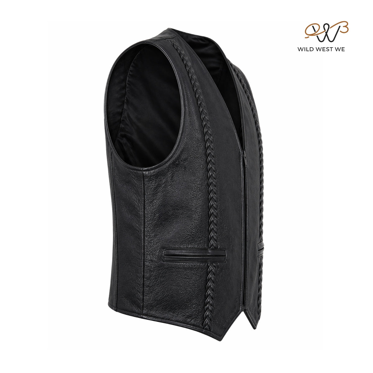 Men’s Black Leather Vest with Braided Panels