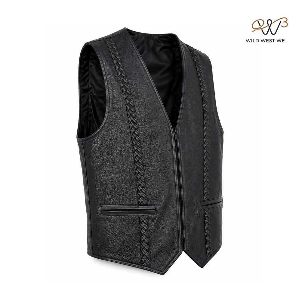 Men’s Black Leather Vest with Braided Panels