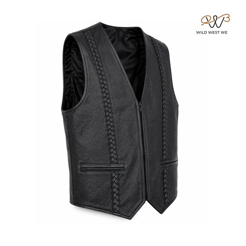 Men’s Black Leather Vest with Braided Panels