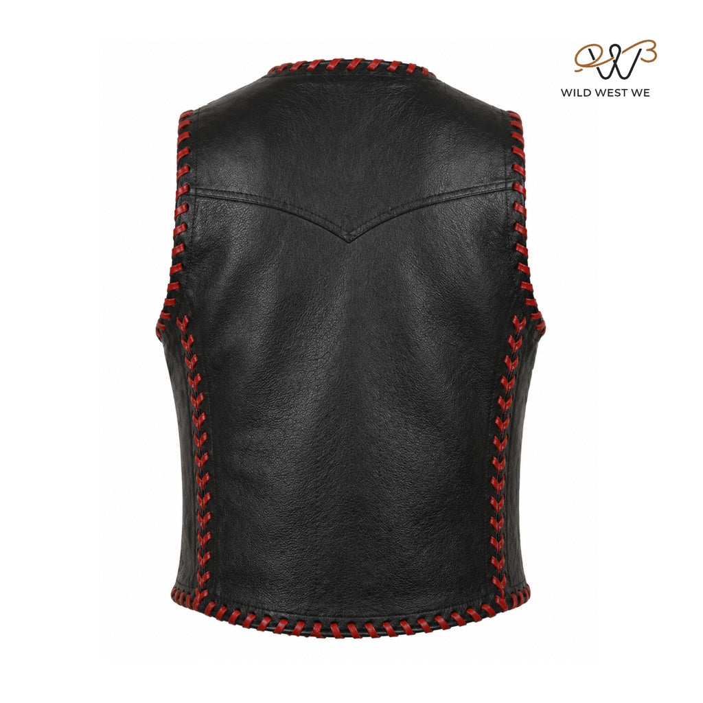 Men’s Black Leather Vest with Red Hand-Lacing