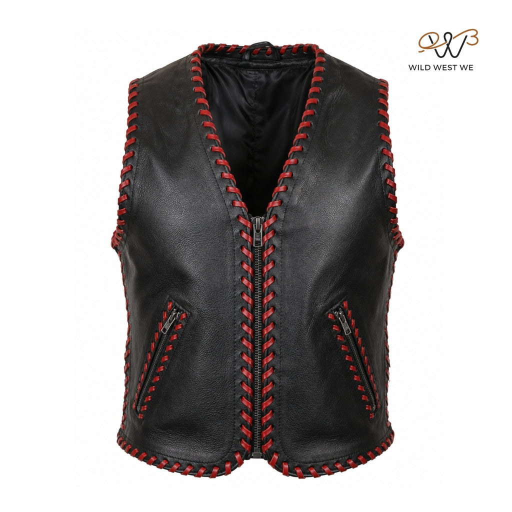Men’s Black Leather Vest with Red Hand-Lacing