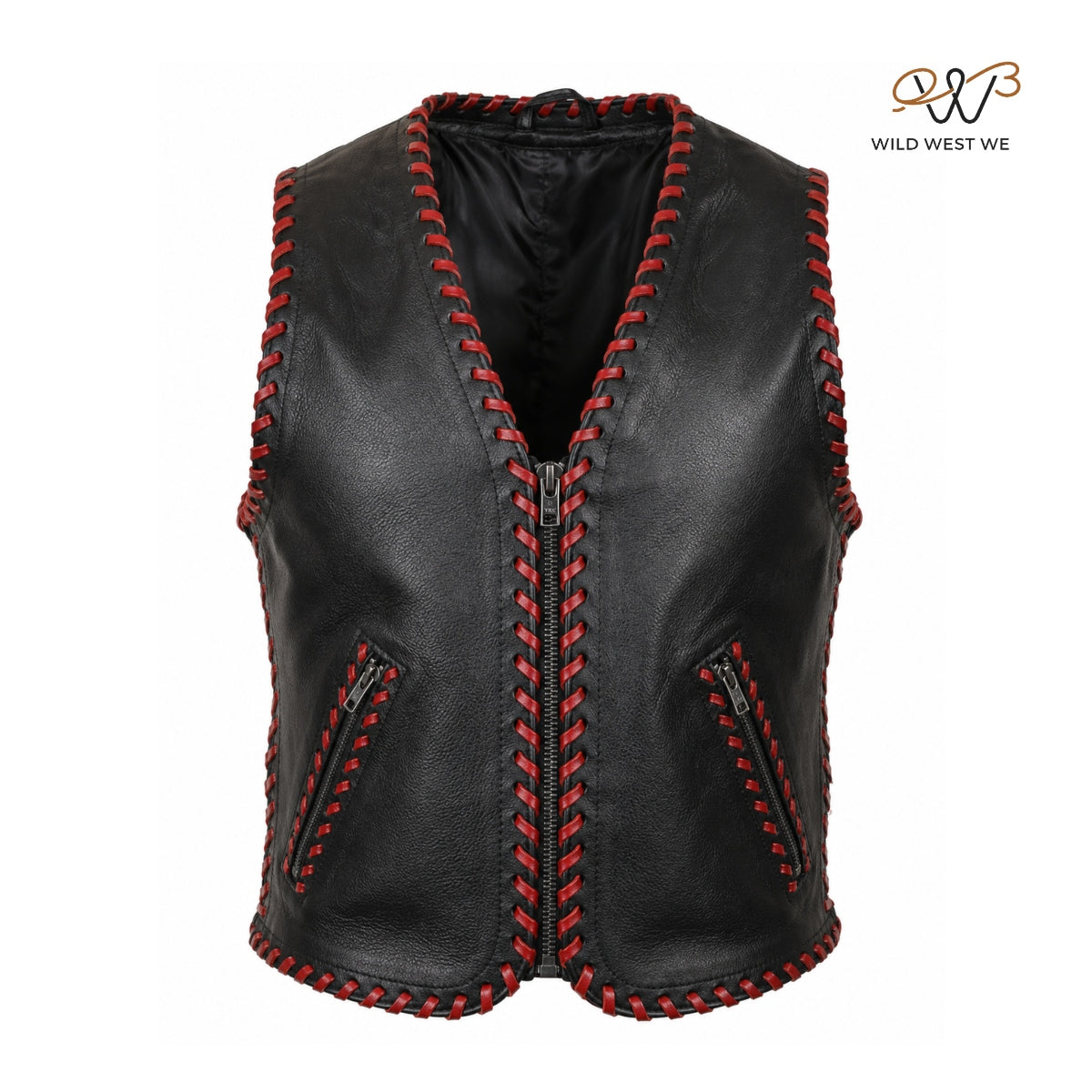 Men’s Black Leather Vest with Red Hand-Lacing