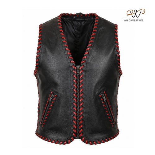 Men’s Black Leather Vest with Red Hand-Lacing