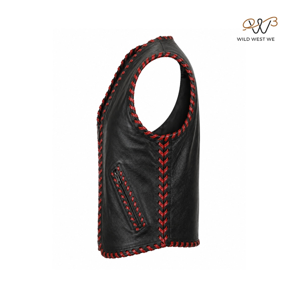Men’s Black Leather Vest with Red Hand-Lacing
