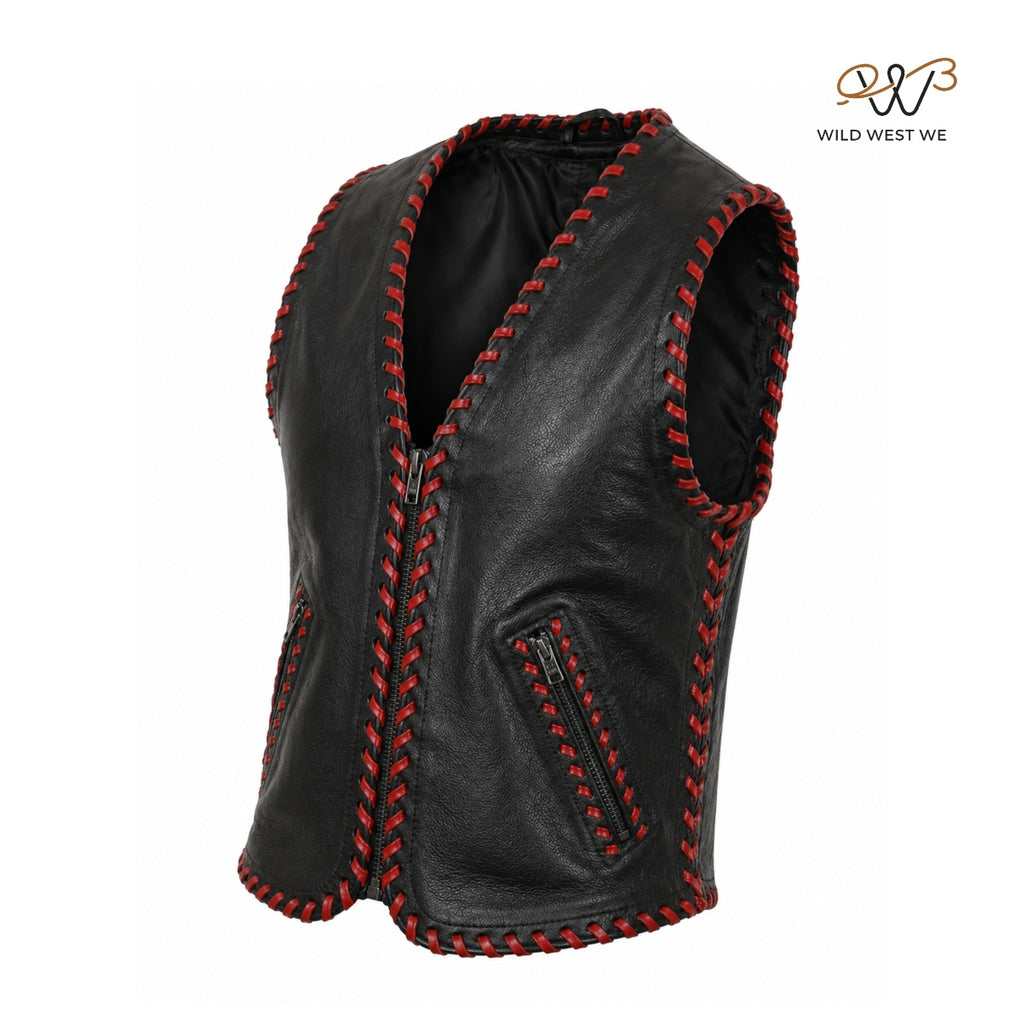 Men’s Black Leather Vest with Red Hand-Lacing