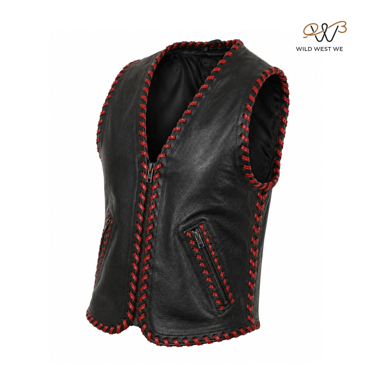 Men’s Black Leather Vest with Red Hand-Lacing