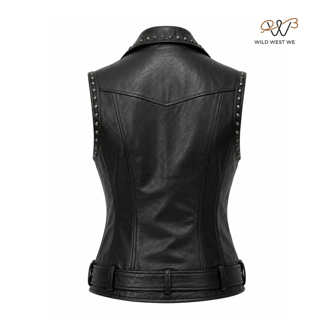 Women’s Black Studded Biker Leather Vest
