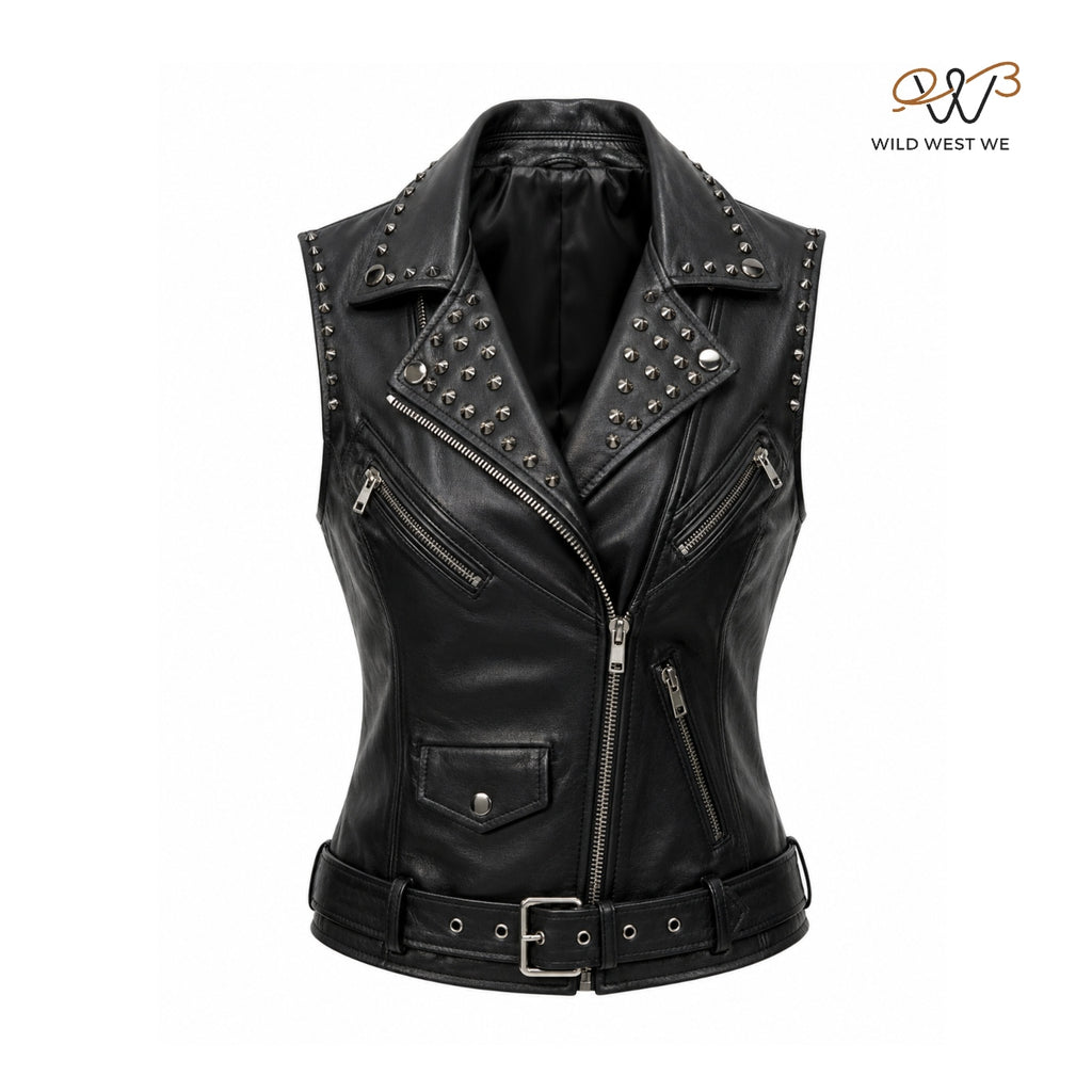 Women’s Black Studded Biker Leather Vest