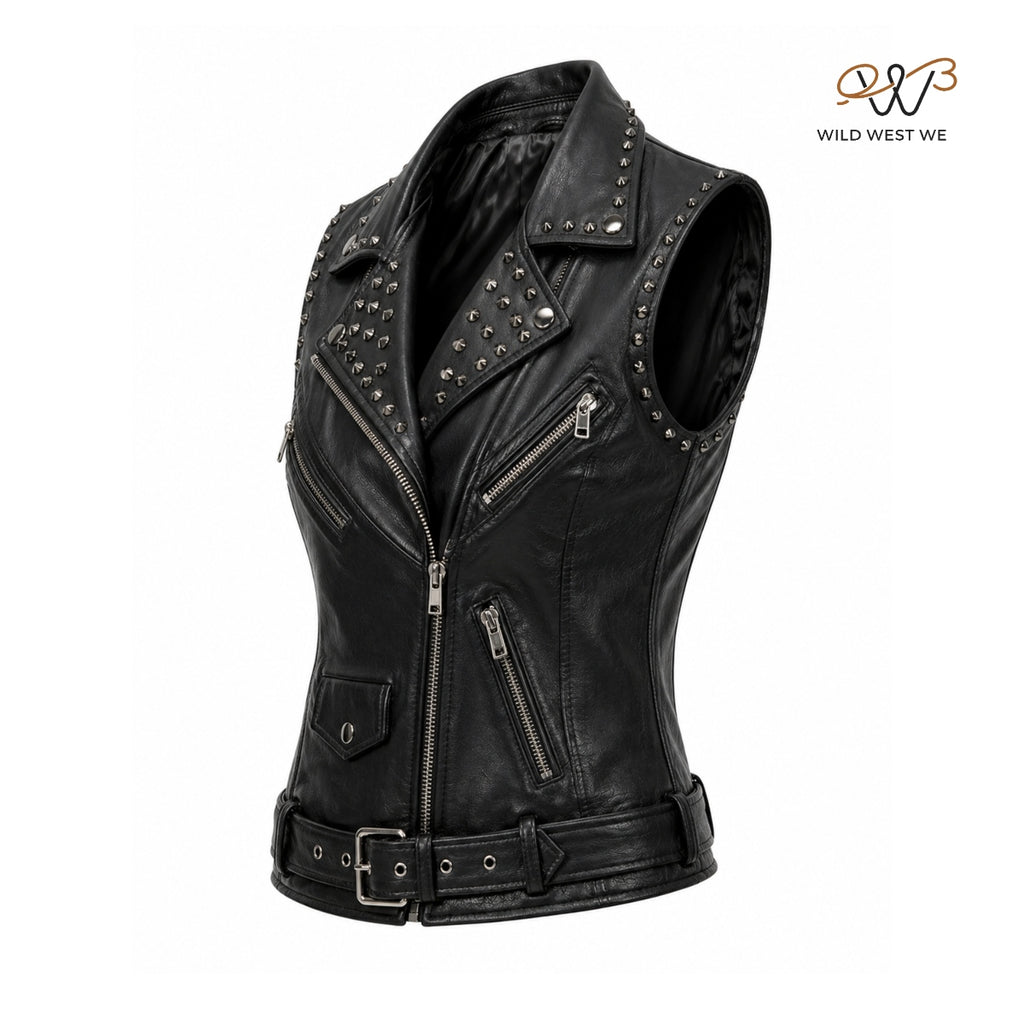 Women’s Black Studded Biker Leather Vest