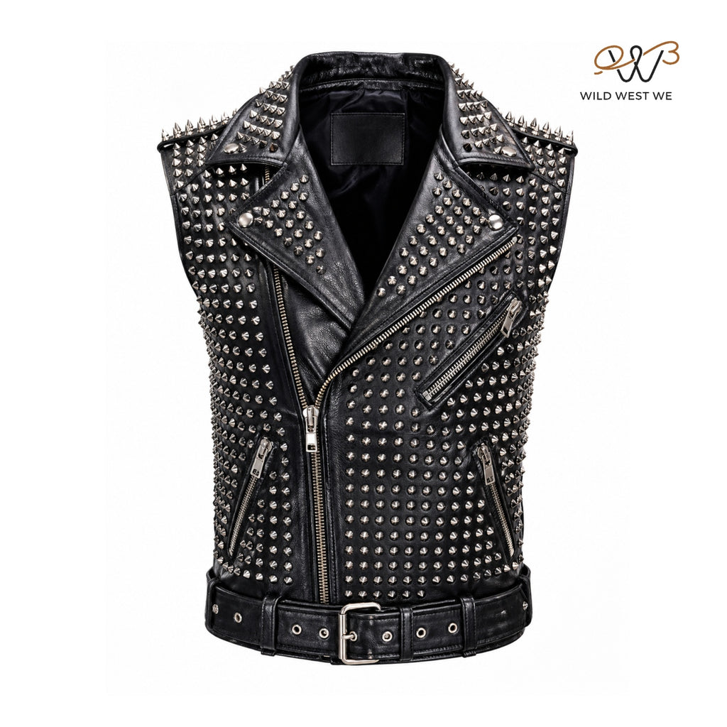 Men’s Black Studded Leather Biker Vest