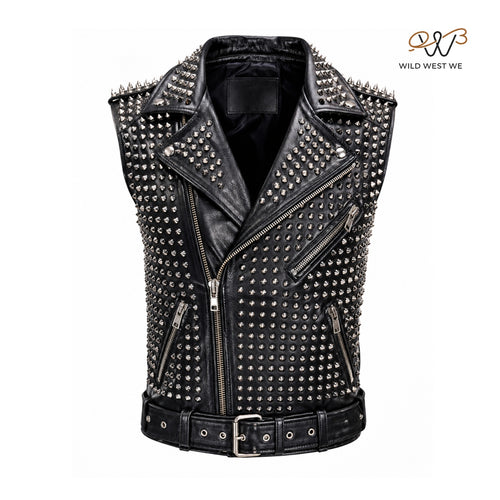 Men’s Black Studded Leather Biker Vest