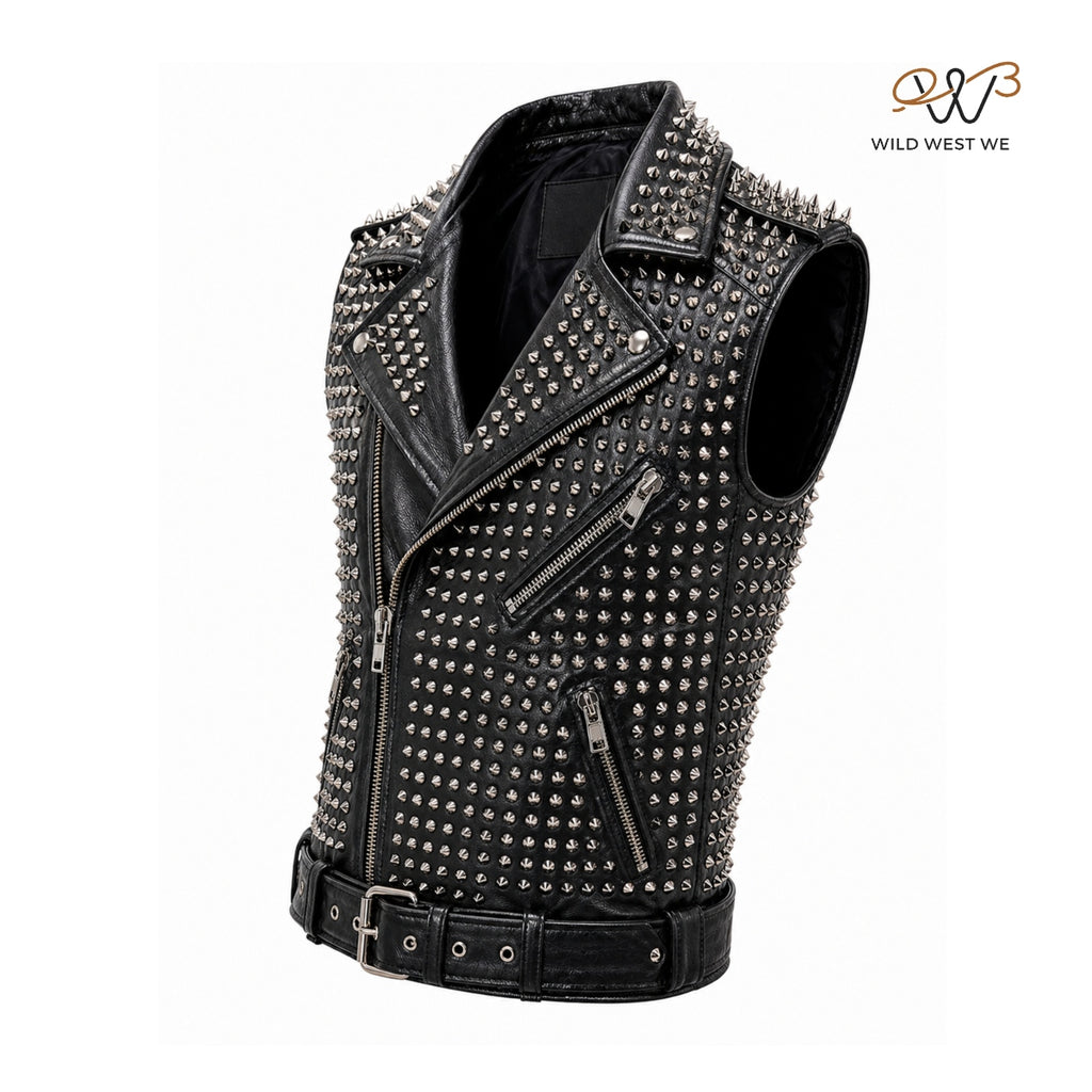 Men’s Black Studded Leather Biker Vest