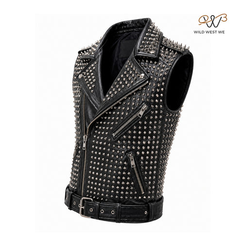 Men’s Black Studded Leather Biker Vest