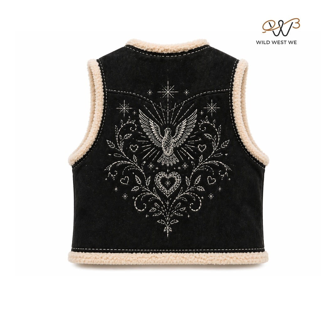 Men’s Black Suede Shearling Western Vest with Embroidery