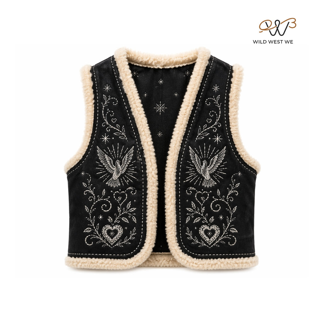 Men’s Black Suede Shearling Western Vest with Embroidery