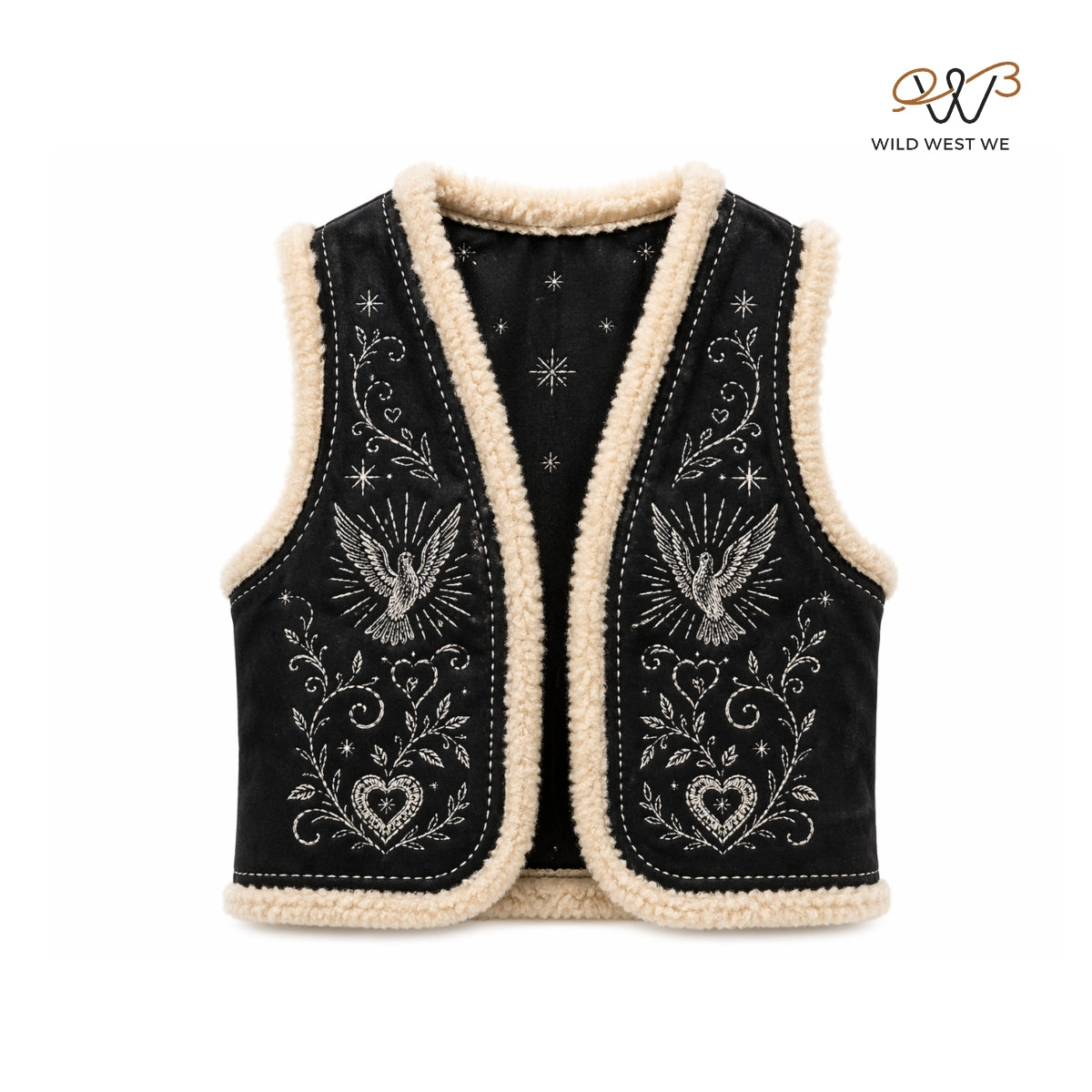 Men’s Black Suede Shearling Western Vest with Embroidery