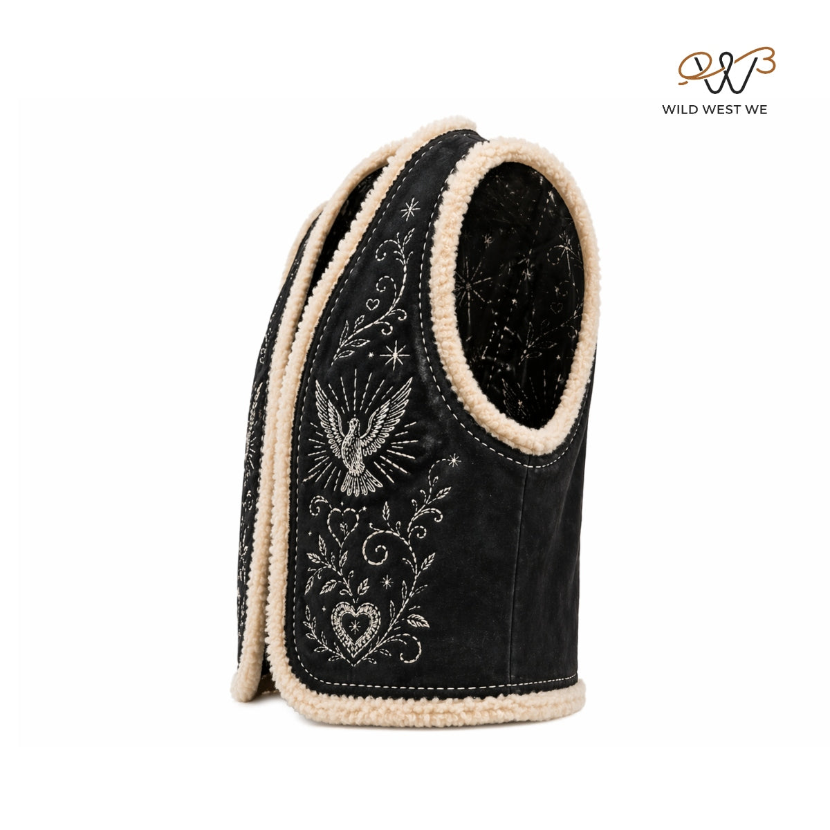 Men’s Black Suede Shearling Western Vest with Embroidery