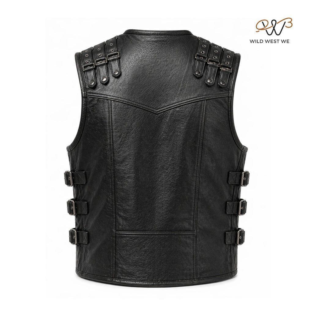 Men’s Black Tactical Leather Utility Vest with Multi-Pocket Design