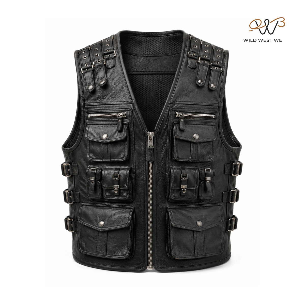 Men’s Black Tactical Leather Utility Vest with Multi-Pocket Design