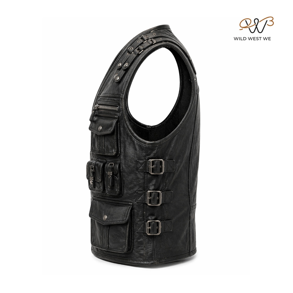 Men’s Black Tactical Leather Utility Vest with Multi-Pocket Design