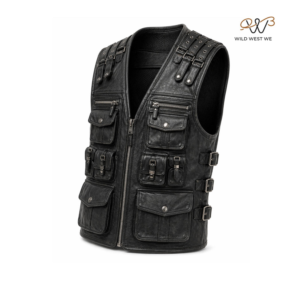 Men’s Black Tactical Leather Utility Vest with Multi-Pocket Design